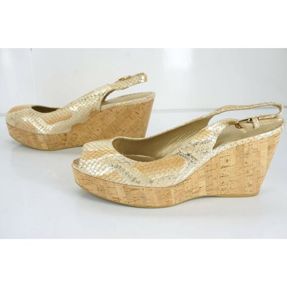 Stuart Weitzman Jean Metallic Snake Slingback Cork Wedge Heel Sandal SZ 10.5 New - Picture 10 of 11